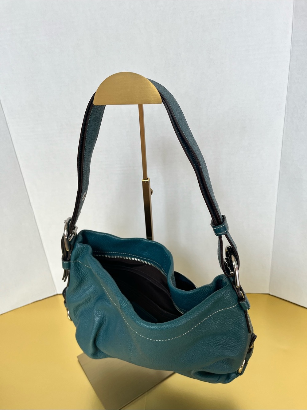 Coach Teal Pebbled Leather Hobo Shoulder Bag Silver - Picture 3 of 8